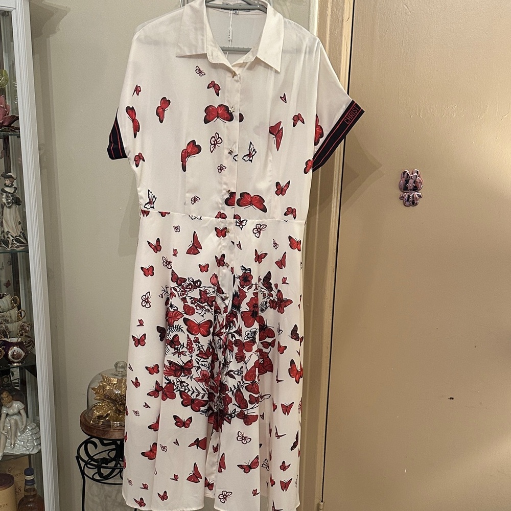 Butterfly Print Midi Dress - White and Red